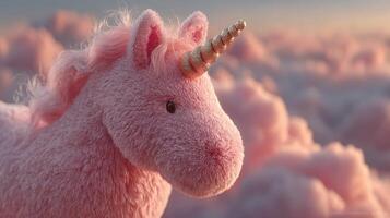 Fluffy pink unicorn standing amidst soft pastel clouds during sunset, creating a whimsical and serene atmosphere for dreamers photo