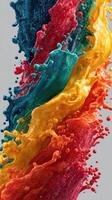 Vivid splash of colorful paint creating dynamic waves against a neutral backdrop photo
