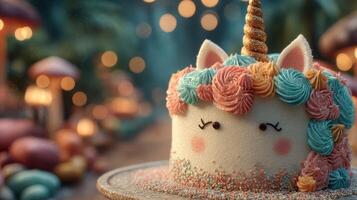 Colorful unicorn cake decorated with icing flowers and sparkles in a whimsical outdoor setting photo