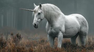 Mythical unicorn standing majestically in a misty forest during the early morning light photo