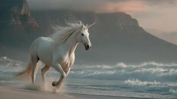 Majestic white unicorn galloping along the beach at sunset near rocky cliffs photo