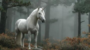 Mystical white unicorn standing majestically in a foggy forest during early morning hours photo