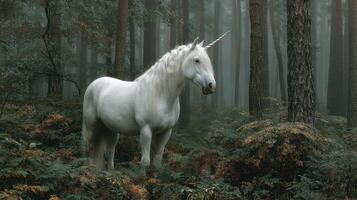 Majestic white unicorn standing in an enchanted forest surrounded by mist and lush greenery photo