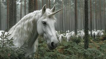 Majestic white unicorn stands in misty forest surrounded by a herd of ethereal horses at dawn photo