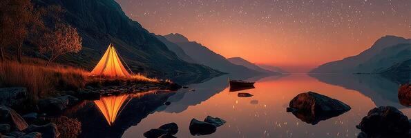 Campfire shines brightly near a serene lake under a starry sky at dusk in the mountains photo