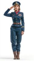 Female soldier in military uniform performing a salute in a studio setting during a formal presentation photo