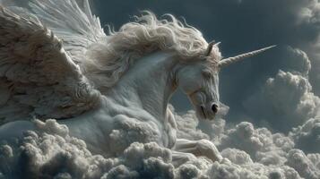 Majestic winged unicorn soaring through dramatic clouds under a moody sky at twilight photo