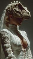 Bride in a dinosaur mask poses gracefully in an artistic studio setting with dramatic lighting and unique fashion elements photo