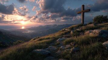Sunset view with wooden cross overlooking mountains and lake in a tranquil landscape photo