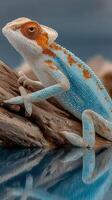 Colorful chameleon perched on driftwood by a reflective surface in a serene habitat photo