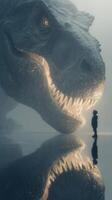 Child stands before giant dinosaur in surreal encounter at dawn with misty lake background photo