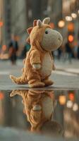 Soft toy dinosaur stands on city street near reflecting puddle during golden hour, capturing urban life in motion photo