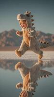 Child in dinosaur costume joyfully runs across a reflective salt flat during golden hour with mountains in the background photo