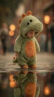 Child dressed in dinosaur costume exploring a cobblestone street near a reflecting puddle during evening light photo
