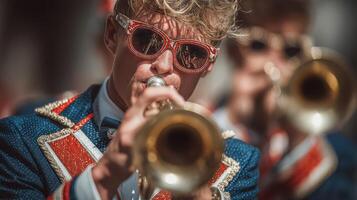 Musician plays trumpet in vibrant costume during festival parade on a sunny day showcasing lively performance photo