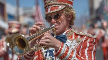 Musician performs during vibrant street parade in July, showcasing patriotic attire and lively atmosphere photo