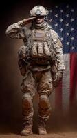 Soldier saluting with pride in front of American flag during military commemorative event photo