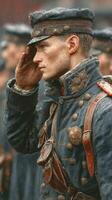 Soldier saluting during a military event in a historic setting with an overcast sky photo