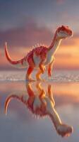 Stunning dinosaur figurine stands on reflective surface against a vibrant sunset backdrop photo