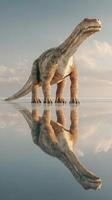 Giant dinosaur standing in shallow water with a reflective surface and a clear sky in the background photo