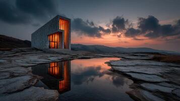 Modern building reflects sunset over rocky landscape in tranquil setting near hills photo