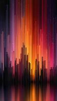 Vibrant abstract skyline illuminated by warm hues at sunset with dynamic vertical lines and smooth reflection on water photo