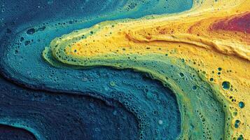 Colorful abstract art created with liquid paint swirling on a canvas, showcasing vibrant hues of blue, yellow, and orange photo