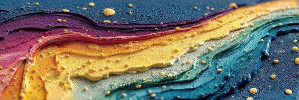 Colorful abstract patterns created by vibrant paint swirls on a surface captured in bright lighting during daylight hours photo