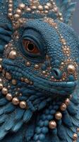 Vibrant blue creature adorned with pearls showcasing intricate textures and patterns under soft lighting photo