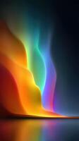 Vibrant abstract digital artwork with flowing curves and colorful light patterns reflecting on a dark background photo