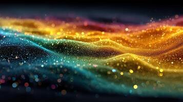 Colorful waves of sparkling particles create a vibrant abstract design in a dark background photo