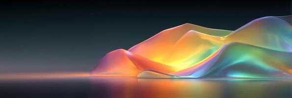 Colorful abstract landscape with smooth flowing shapes reflecting on water surface photo