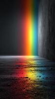 Light refracts into vibrant rainbow colors on a dark wall and floor in an artistic space photo