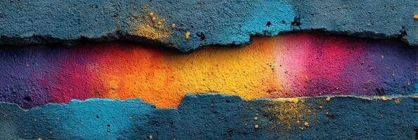 Colorful graffiti art breaks through textured concrete wall in urban setting during daylight photo