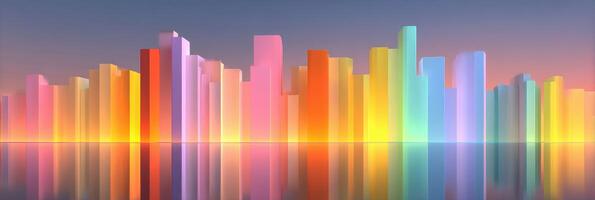 Colorful skyline reflecting in calm water during sunset creates a vibrant cityscape atmosphere photo