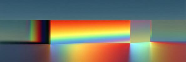 Colorful light spectrum reflects off surfaces in a minimalistic setting, creating vibrant patterns during daylight photo