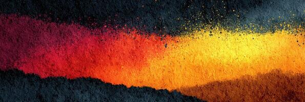 Colorful abstract painting depicting a vibrant gradient of reds, oranges, and yellows on a textured dark background photo