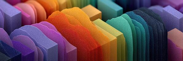 Colorful arrangement of layered foam shapes in vibrant hues showcasing texture and design from a creative workspace photo