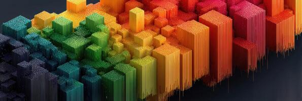 Colorful 3D abstract visualization of sound waves with vibrant cubical shapes representing frequencies in different hues photo
