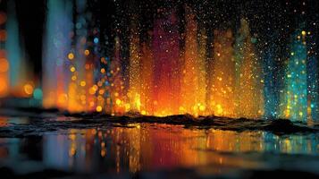 Colorful water fountain display with lights at evening in public park creating vibrant reflections on water surface photo