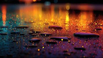 Dew droplets rest on a surface reflecting vibrant city lights during a rainy evening photo