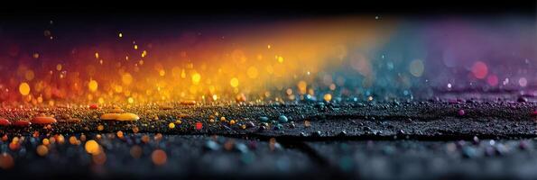 Colorful bokeh lights reflecting on wet pavement after rain during twilight hours in an urban environment photo