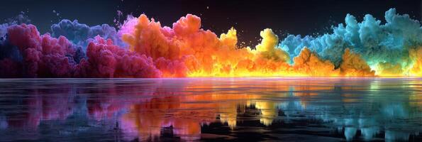 Colorful sunset reflections over calm water with vibrant clouds creating a stunning natural spectacle photo