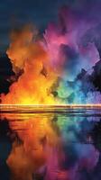 Vibrant smoke clouds rise over calm waters in a striking display of color during twilight hours at the lakeside photo