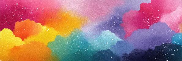 Colorful watercolor clouds create a vibrant sunset landscape with pastel hues and starry touches in a serene atmosphere photo