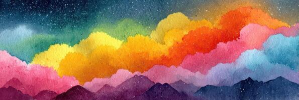 Vibrant watercolor landscape depicting colorful mountains and a starry sky at twilight photo