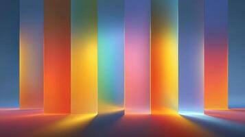 Colorful light beams cast vibrant reflections through translucent pillars at dusk in an artistic display photo