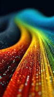 Colorful wave of light patterns flowing gracefully across a dark background, showcasing vibrant hues and shimmering textures photo