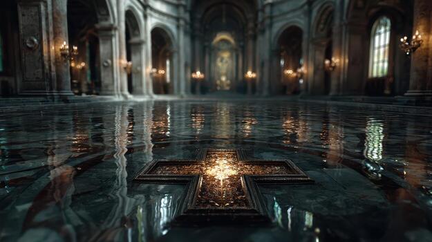 Mysterious reflection in a grand cathedral with illuminated cross and ornate architecture photo