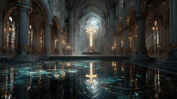 Grand cathedral interior with intricate architecture and illuminated cross reflecting in the serene water feature photo